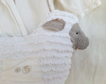 Hanging White Chenille Sheep Decoration - Vintage Linen - Vintage Inspired - Textile Art - Peg Rack Decor - Antique Farmhouse - Shabby Chic