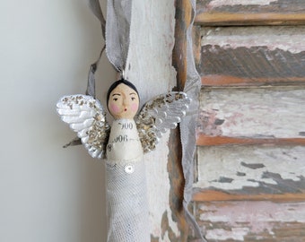 Handmade Carved Clothespin Art Doll - Hanging Angel Doll - Antique Style Decor - Antique Farmhouse - Home Decor - Shabby Chic - Brocante