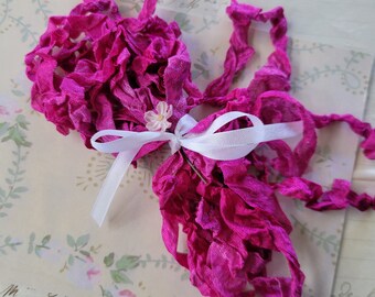 Hand Dyed Crinkled Seam Binding Ribbon - Fuchsia - Embellishment - Junk Journal - Shabby Chic - Antique Farmhouse