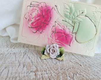 Vintage Ceramic Rose Place Card Holder - Germany - Lusterware - Shabby Chic - Antique Farmhouse - Romantic Prairie - French Cottage