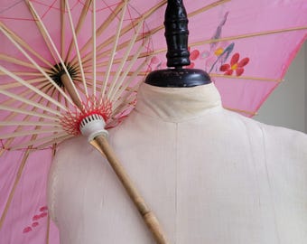 Vintage Pink Floral Painted Parasol - Umbrella - Wood Handle - Shabby Chic - Boho - Home Decor