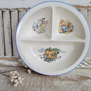 Vintage Salem China Co. Ceramic Nursery Rhyme Childrens Bowl - Sectioned Toddler Dish - Divided Baby Plate - Antique Farmhouse - Shabby Chic