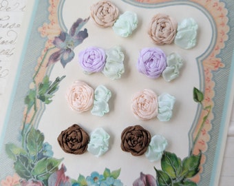 Vintage Ribbon Flower Rose Appliques - Mixed Colors - Set of 8 - Vintage Textile Floral Embellishments - Sewing Trim - Shabby Chic