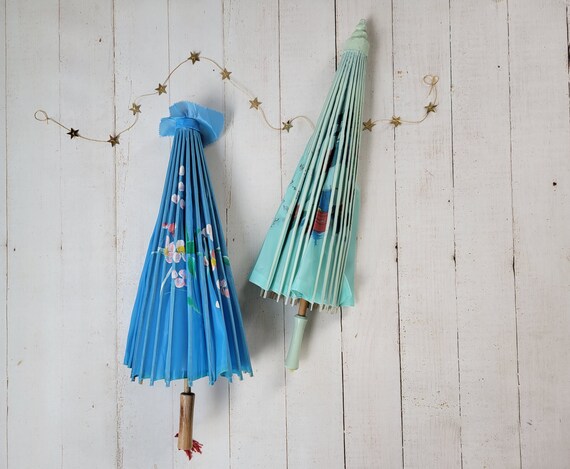 Vintage Painted Parasols - Umbrellas - Aqua and H… - image 4