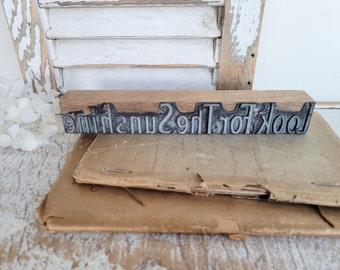 Antique Wood Letterpress Printing Print Block - Look For The Sunshine - Positivity - Optimism - Mantra - Antique Farmhouse - Shabby Chic