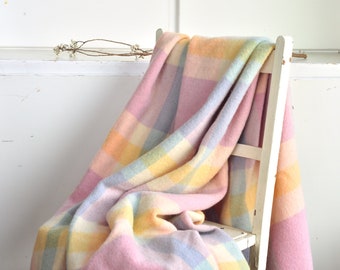 Vintage Plaid Wool Blanket - Pastel - Candy Colors - Antique Farmhouse Decor - Rustic Farmhouse - Shabby Chic