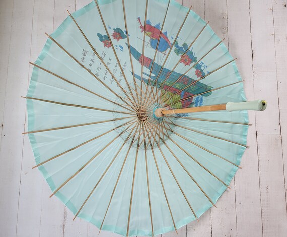 Vintage Painted Parasols - Umbrellas - Aqua and H… - image 6