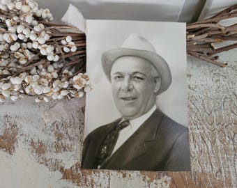 Antique Black and White Photo of a Man in a Fedora Hat - Suit and Tie - 1910s - Photography - Antique Farmhouse - Shabby Chic