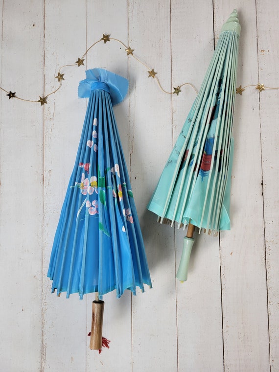 Vintage Painted Parasols - Umbrellas - Aqua and H… - image 7