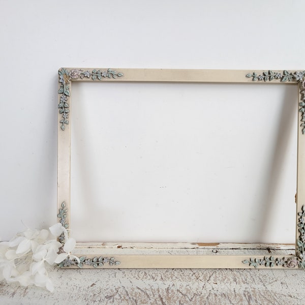 Vintage Thin Shabby Wooden Frame - Frame with Floral Appliques - Antique Farmhouse - Shabby Chic - Cottage - Home Decor