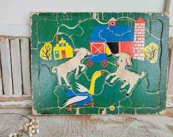 Vintage Built Rite Inlaid Furry Lamb Puzzle - Lambs - Lamb - Farm - Barn - Childrens Toy - Child Puzzle - Vintage Farmhouse - Rustic