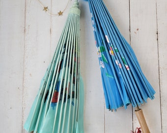 Vintage Painted Parasols - Umbrellas - Aqua and Hydrangea Blue - Shabby Chic - Antique Farmhouse - Boho - Home Decor