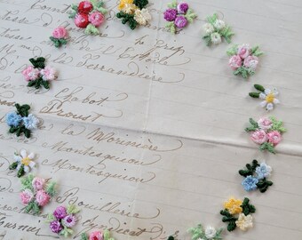 A Garden of Small Vintage Embroidered Flower Appliques - Mixed Lot - Vintage Textile Floral Embellishments - Sewing Trim - Shabby Chic