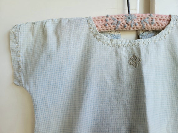 Antique Faded Blue Gingham Baby Dress - Hand Stit… - image 4