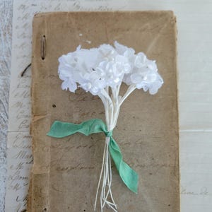 May include: A bouquet of white paper flowers tied with a light green ribbon. The flowers rest on a vintage, aged brown book with handwritten script. The background includes more aged paper with script.