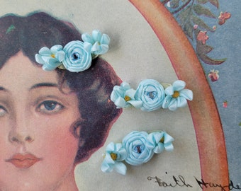 Vintage Ribbon Flower Appliques - Sky Blue - Set of 3 - Vintage Textile Floral Embellishments - Rhinestone - Sewing Trim - Shabby Chic