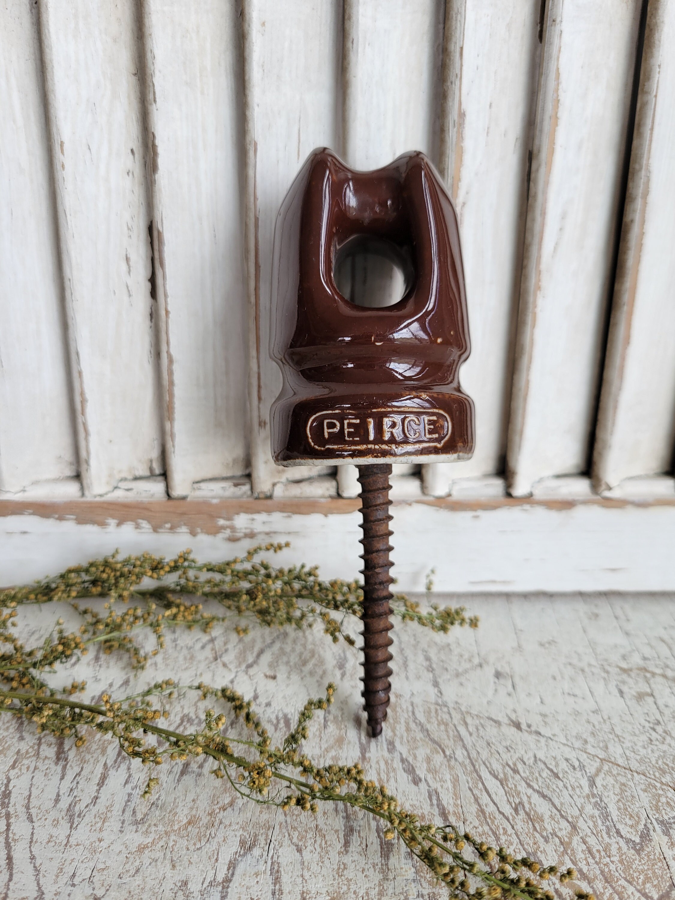 Antique Brown Porcelain Peirce Insulator With Screw - Vintage