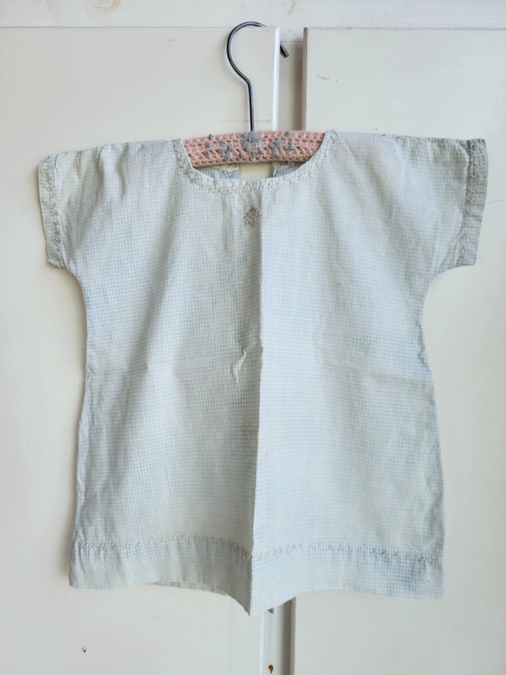 Antique Faded Blue Gingham Baby Dress - Hand Stit… - image 5