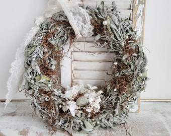 Dried Handmade Garden Wreath - Sage - Herb - Handmade Nest - Egg - Elegant - Pearls - Antique Farmhouse - Shabby Chic - Brocante - Romantic