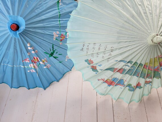 Vintage Painted Parasols - Umbrellas - Aqua and H… - image 3