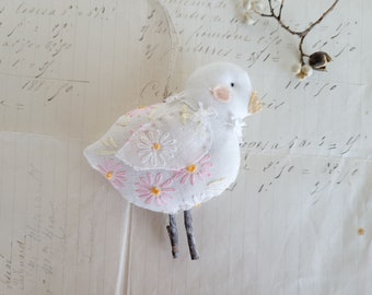 Hanging Chick Ornament - Embroidered Daisies - Textile Art - Hanging Decor - Peg Rack Decor - Antique Farmhouse - Shabby Chic - Country