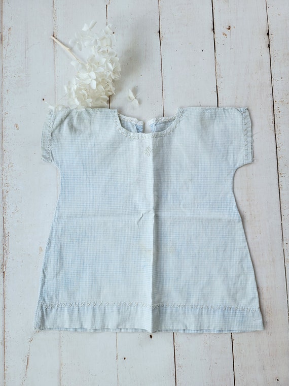 Antique Faded Blue Gingham Baby Dress - Hand Stit… - image 1