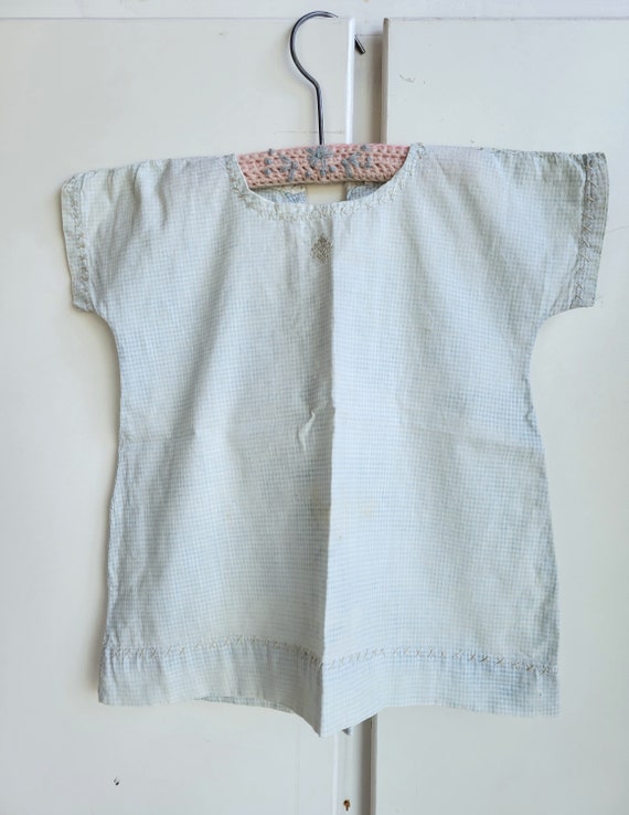 Antique Faded Blue Gingham Baby Dress - Hand Stit… - image 2