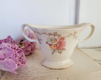 Shabby Vintage Ceramic Dish with Handles - Small - Floral Design - Flowers - Leaves - Sugar Dish - Antique Farmhouse - Shabby Chic