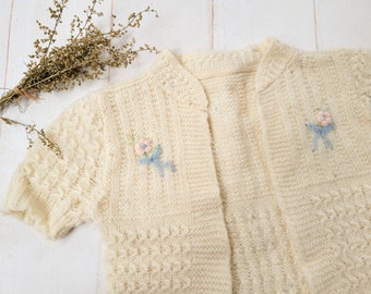 Vintage Handmade Hand Knit Wool Baby Sweater - Cardigan - Cream - Embroidered - Antique Farmhouse - Shabby Chic - Romantic Prairie