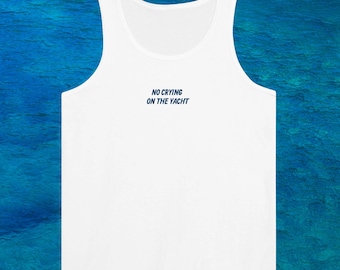 No Crying On The Yacht Tank Top – Aesthetic White Tank Top with Blue Embroidery – Y2K Summer Shirt – Trendy Graphic Tank – Cute Casual Top