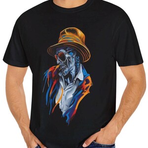 Banda fantasma, camiseta única, camiseta de esqueleto con sombrero, camiseta gráfica de calavera colorida, camiseta con obra de arte de esqueleto genial, diseño de calavera moderno