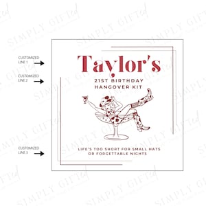 Pode incluir: Um design ilustrado em vermelho e branco para um kit de ressaca de anivers&aacute;rio de 21 anos. O design apresenta uma mulher com um chap&eacute;u de cowboy e botas sentada em uma ta&ccedil;a de martini. O texto diz "Taylor's 21st Birthday Hangover Kit" e "Life's too short for small hats or forgettable nights".