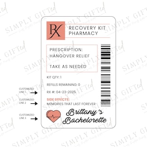 Customizable hangover kit label. Personalize with a name and event for bachelorette parties, weddings, and birthdays. Fun and unique recovery kit sticker for party favors. Perfect addition to hangover relief gifts.