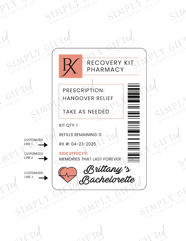 Customizable hangover kit label. Personalize with a name and event for bachelorette parties, weddings, and birthdays. Fun and unique recovery kit sticker for party favors. Perfect addition to hangover relief gifts.