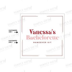Pode incluir: Um cart&atilde;o branco com uma borda vermelha e o texto "Vanessa's Bachelorette Hangover Kit" em rosa e vermelho.