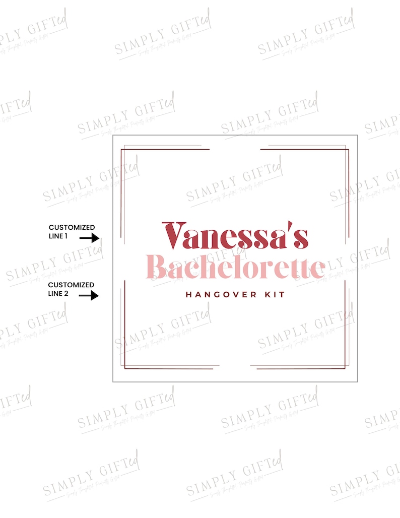 Pode incluir: Um cart&atilde;o branco com uma borda vermelha e o texto "Vanessa's Bachelorette Hangover Kit" em rosa e vermelho.