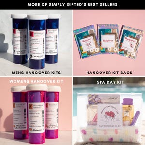 Op de afbeelding: Assortiment van katerkits en spa-dagkits. De afbeelding toont blauwe en paarse flessen in receptstijl met het label "Recovery Kit Pharmacy" en doorzichtige zakken met diverse inhoud. Tekst bevat "Hangover Kit Bags" en "Spa Day Kit."