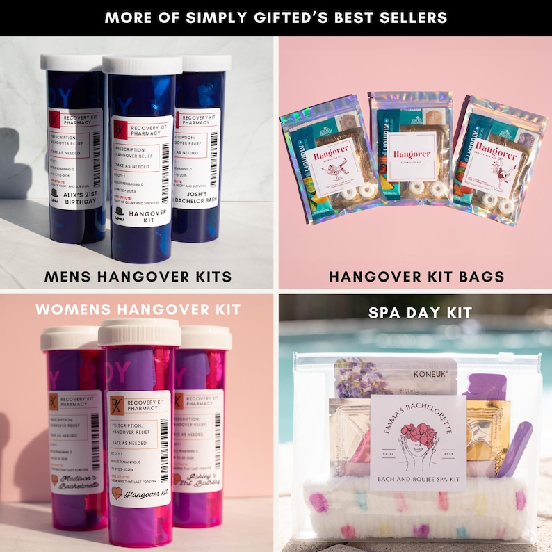 Op de afbeelding: Assortiment van katerkits en spa-dagkits. De afbeelding toont blauwe en paarse flessen in receptstijl met het label "Recovery Kit Pharmacy" en doorzichtige zakken met diverse inhoud. Tekst bevat "Hangover Kit Bags" en "Spa Day Kit."