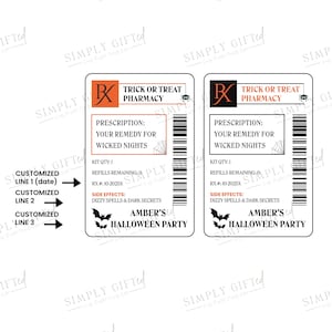 Op de afbeelding: Twee Halloween-thema apotheeklabels met oranje en zwarte accenten. De labels lezen "Trick or Treat Pharmacy" en bevatten tekstvelden voor aanpassing. De labels bevatten spinnenweb- en vleermuisafbeeldingen.