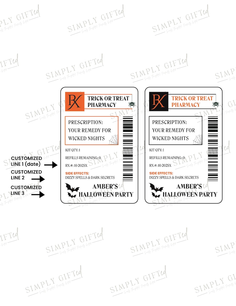 Op de afbeelding: Twee Halloween-thema apotheeklabels met oranje en zwarte accenten. De labels lezen "Trick or Treat Pharmacy" en bevatten tekstvelden voor aanpassing. De labels bevatten spinnenweb- en vleermuisafbeeldingen.