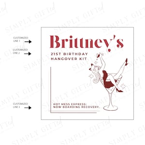Pode incluir: Um cart&atilde;o branco com texto vermelho que diz "Brittney's 21st Birthday Hangover Kit" e "Hot Mess Express: Now Boarding Recovery." Uma ilustra&ccedil;&atilde;o de desenho animado de uma mulher em um vestido e saltos altos pendurada de cabe&ccedil;a para baixo em uma ta&ccedil;a de martini.