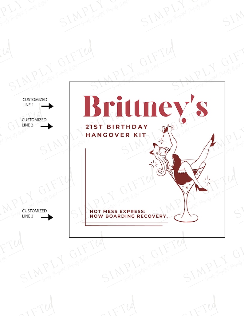 Pode incluir: Um cart&atilde;o branco com texto vermelho que diz "Brittney's 21st Birthday Hangover Kit" e "Hot Mess Express: Now Boarding Recovery." Uma ilustra&ccedil;&atilde;o de desenho animado de uma mulher em um vestido e saltos altos pendurada de cabe&ccedil;a para baixo em uma ta&ccedil;a de martini.