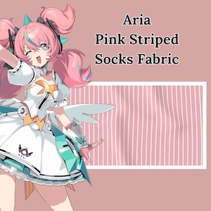 Puede incluir: Ilustración de un personaje con cabello rosado y un atuendo blanco, junto a una tela a rayas rosas y blancas. El texto en la imagen dice "Aria Pink Striped Socks Fabric."