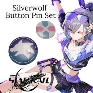 May include: A button pin set featuring two round pins. One pin is navy blue with a white wolf silhouette, and the other is white with pink and light blue geometric shapes. The text "Silverwolf Button Pin Set" is at the top.