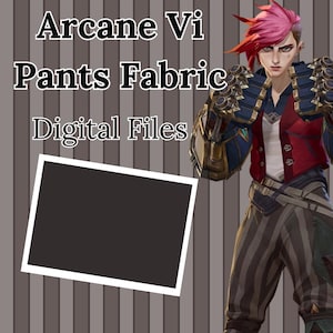 Könnte beinhalten: Digitale Dateien zum Erstellen von Stoffmustern, inspiriert von der Hose, die Vi aus der Zeichentrickserie Arcane trägt. Das Bild zeigt eine Figur mit pinkfarbenem Haar, die eine rot-blaue Jacke, einen braunen Gürtel und eine gestreifte Hose trägt.
