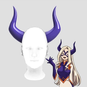 May include: Purple horns headband costume accessory. The horns are large and pointed, with a smooth, glossy finish. The headband is white and has a simple design.
