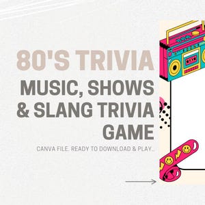 80&#39;s Theme Trivia Game Template. Downloadable template with images, questions and music already incorporated. Fun game night.