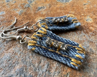 Boho Denim Earrings ~ Recycled Jeans Hand Embroidered Rhinestone Dangle Earrings