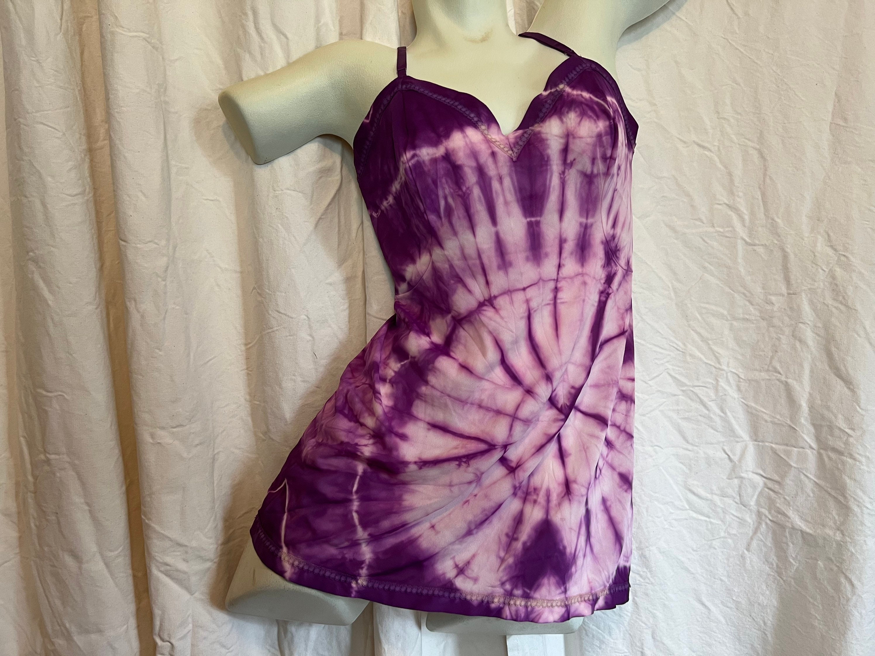 purple tie dye slip dress Bardot Women's Size 8 Tie Dye Satin Slip Dress Maxi Purple White Open Back Cowl