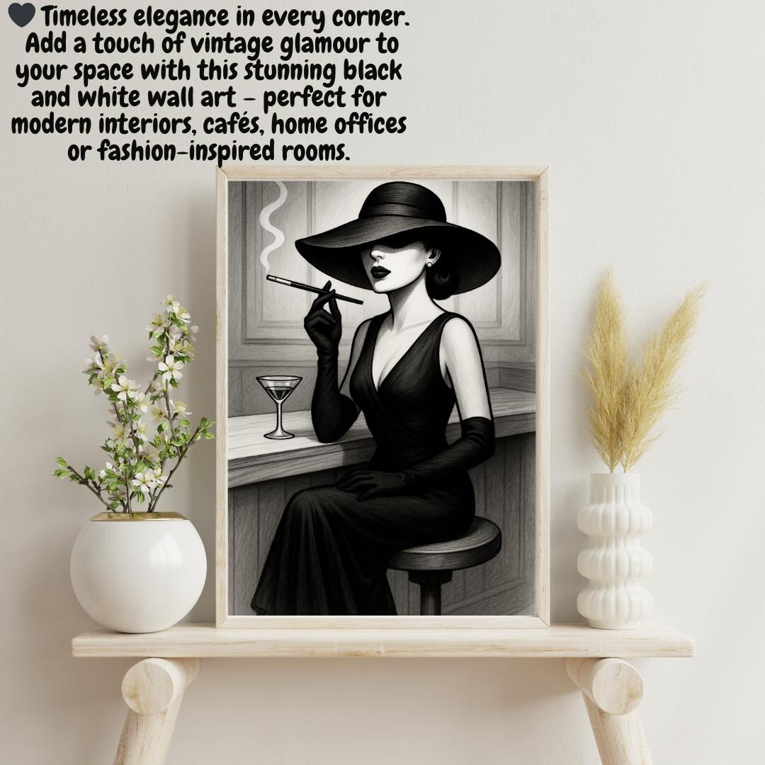 Vintage Black and White Woman Wall Art – Elegant Lady in Hat Poster ...